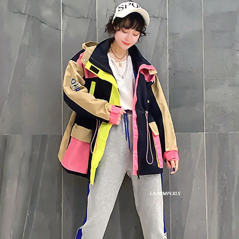 

2021 Fashion Hit Color Hooded Coat Women Spring Autumn Zipper Plus Size Stitching Color Big pocket Jacket Overcoat