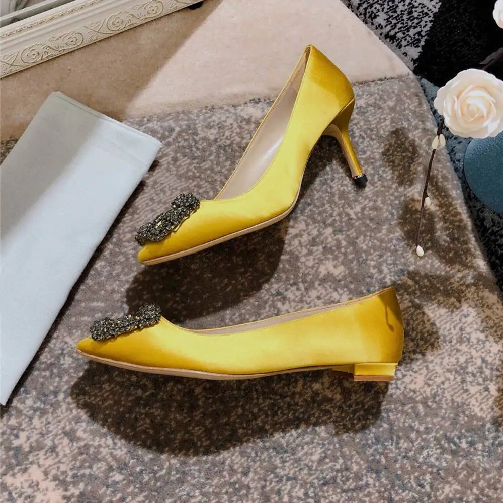Yellow 7cm heels Junetxin/женские туфли-лодочки со стразами; элегантные пикантные женские туфли на высоком каблуке; женская обувь с острым носком; женские туфли-лодочки из экстремальной кожи - Цвет: Yellow 7cm heels