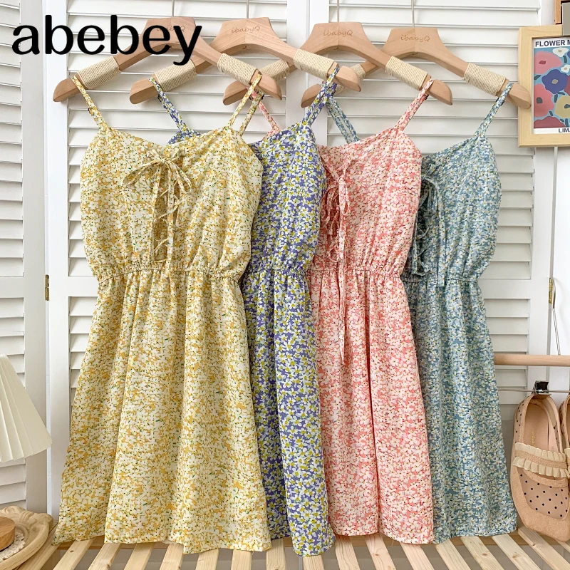 

2021 New Summer Fashion versatile V-neck sleeveless Dress high waist slim cross bandage floral sling Dress