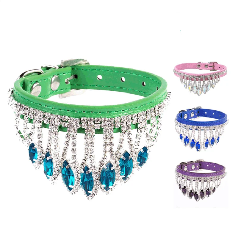 

Shiny Bling Rhinestone Dog Collar Crystal Tassel Puppy Pet Solid Leather Necklace Size for Small Medium Dogs Collar Dog Supplies
