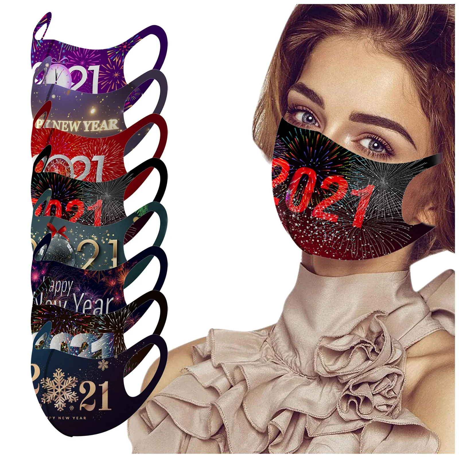 

Adult Fashion Mask 2021 New Year Printed Mask Washable Reusable Mouth Face Windproof Face Mask Earloop Mouth Caps