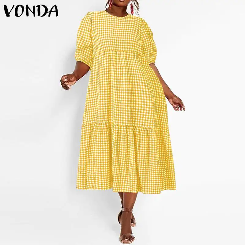 

Осеннее винтажное клетчатое платье VONDA, женское повседневное Плиссированное пляжное платье из полиэстера с рукавами-фонариками, платье сре...