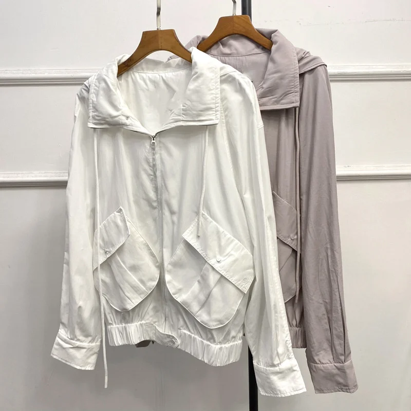 

Women's Sun Protection Coat Ladies Loose Drawstring Hooded Big Pocket Jacket Female Zipper Breathable Casual Outwear Tops