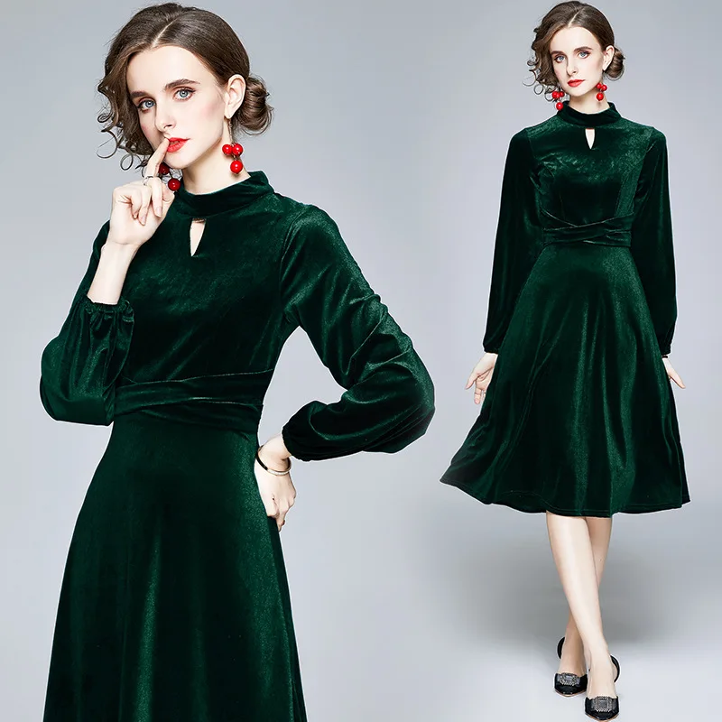 

Women Autumn & Winter Elegant Velvet Dress Festa High Quality Vintage Party Robe Femme Designer Lantern Sleeve Vestidos
