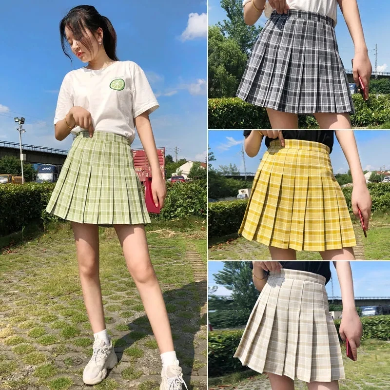 2021 Summer Korean High Waist Pleated Skirts Green Sexy Cute Mini Plaid Skirt Women JK Uniform Girls Dance Mini Skirt Y2K images - 6