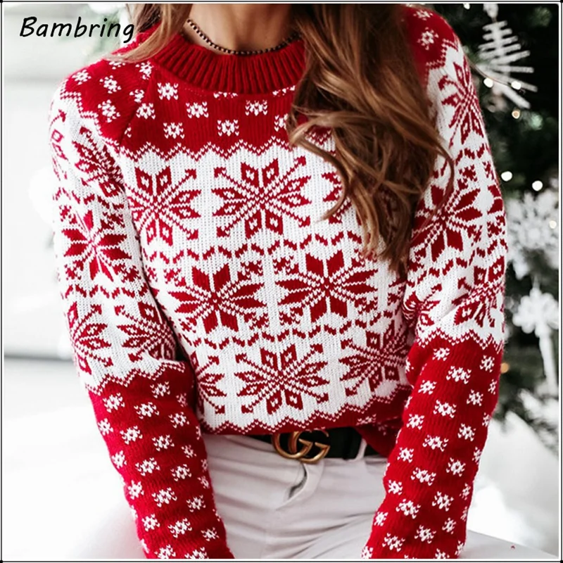 

Женский вязаный свитер с длинным рукавом, с принтом в виде снежинок и оленей, Осень-зима пуловер, Рождественский свитер, 2020