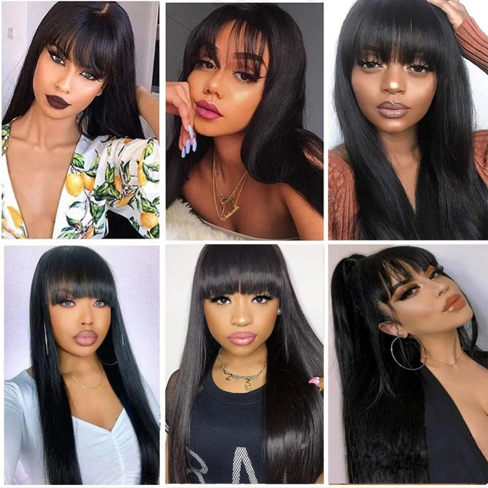 

Straight Full Machine Made Human Hair Wigs With Bangs No Lace 8-30 Inch Long Bralizian Remy Women Hair Fringe Wigs With Bangs