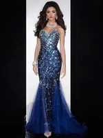 blue prom dresses mermaid sweetheart sequins crystals sparkle backless long prom gown evening dresses robe de soiree