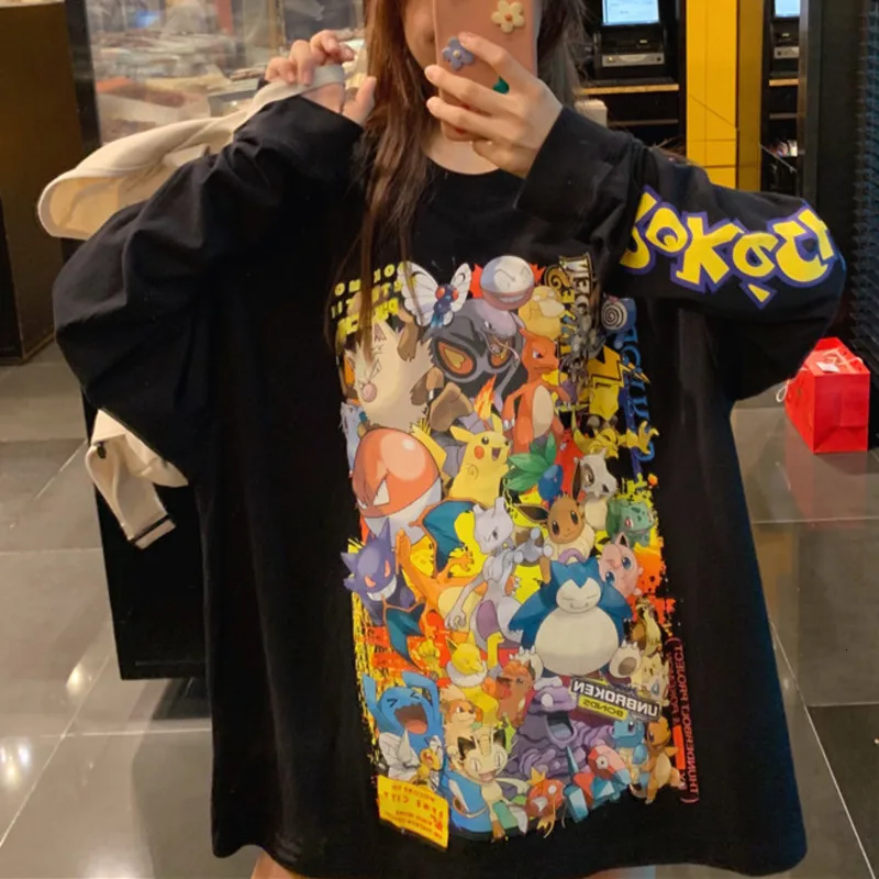Harajuku Ulzzang, футболка большого размера с принтом Покемон, футболки с длинным рукавом, корейские женские футболки, осень, Женская Повседневная футболка с Пикачу, топы