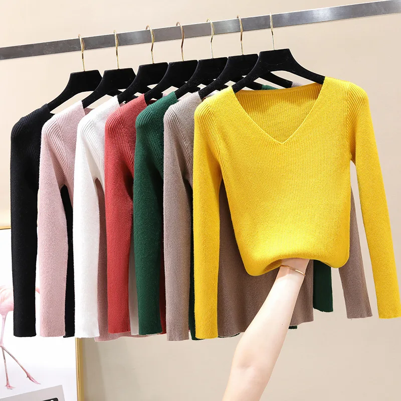 

QRWR 2020 New Autumn Winter Women Sweater Fashion Elegant Sexy V Neck knitted Pullovers Casual Slif Fit Basic Sweater Women's