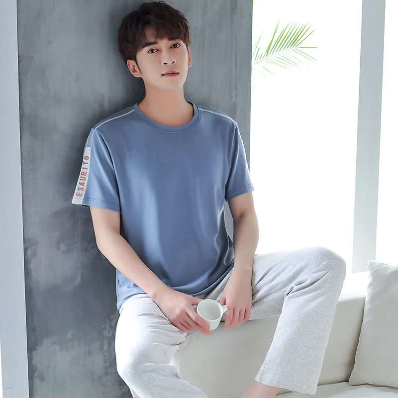 Повседневная Мягкая Пижама пижамный комплект из хлопка для мужчин 2 предмета