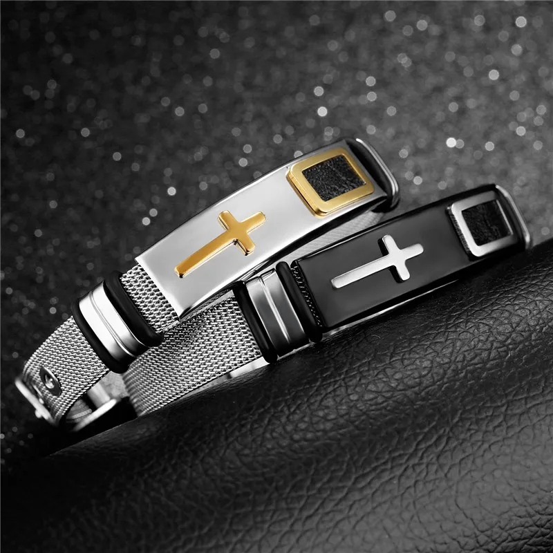 

Length Adjustable Stainless Steel Strap Bracelets for Man Women Watch Band Style Punk Net Band Christian Cross Prayer Male