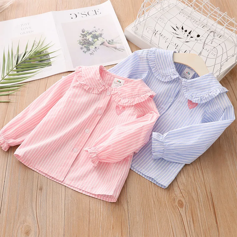 

2021 Spring Autumn 2 3 4 6 8 10 Years Children Kids Baby Long Trumpet Sleeve Striped Doll Collar Cotton Blouse Shirts For Girls