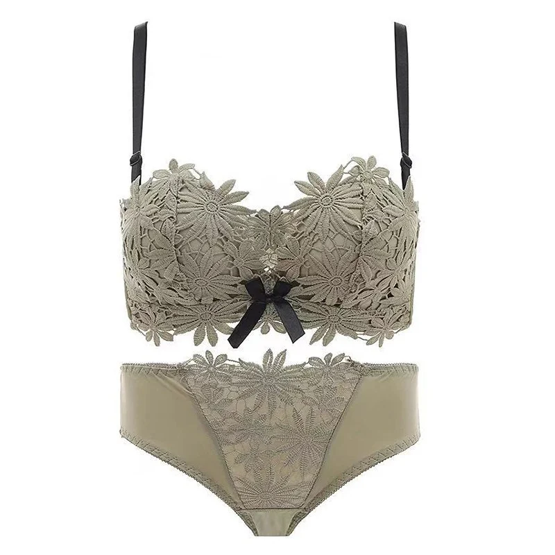 

New Petal Bra Set Fashion Nylon Seamless Lingerie Set Lace No Steel Ring Gather Bow Embroidery Bra Set With Panties 3/4 Cup