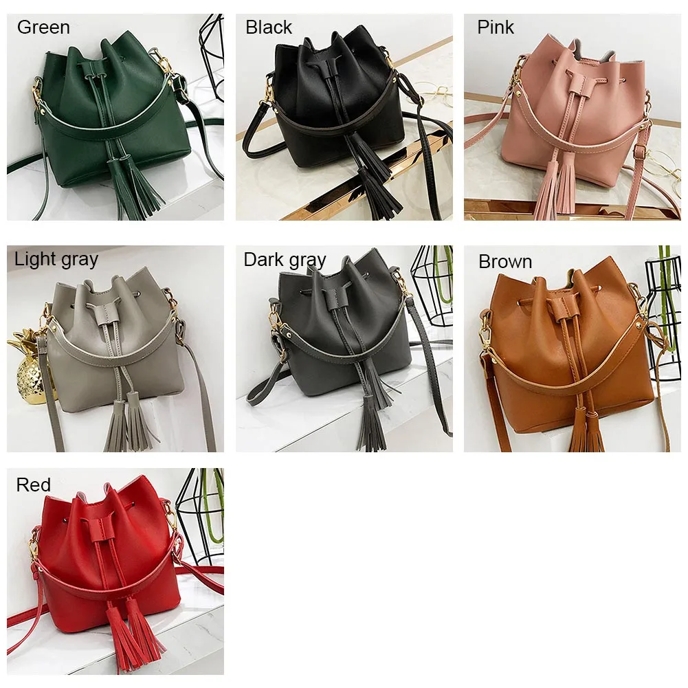 

Women Bucket Bag Handbag Tassel Drawstring Small Messenger PU Leather Crossbody Bags Best Sale-WT