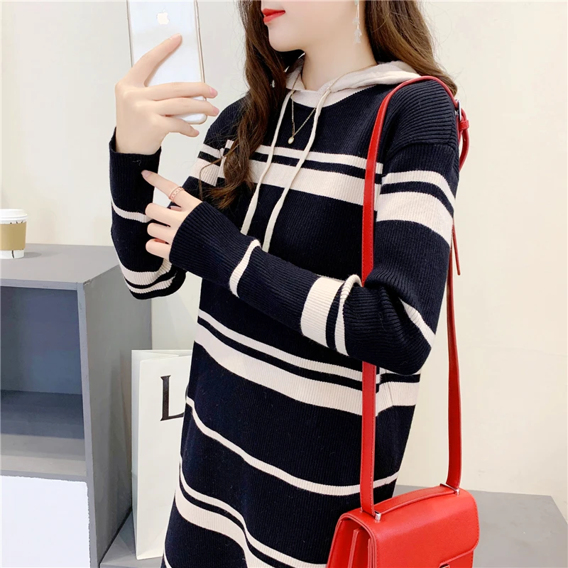 

2020 Autumn Winter Striped Sweater Dress for Women Casual Midi Straight Hooded Sweatshirt Dress Elegant Loose Preppy Style Robe