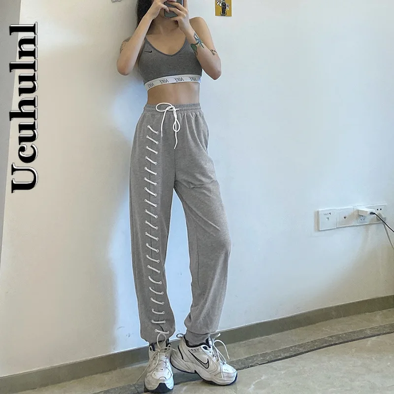 

Ucuhulnl Streetwear Gothic Bandage Black Harem Pants Harajuku Patchwork Hollow Out Trousers Women Punk Gothic High Waist Pants
