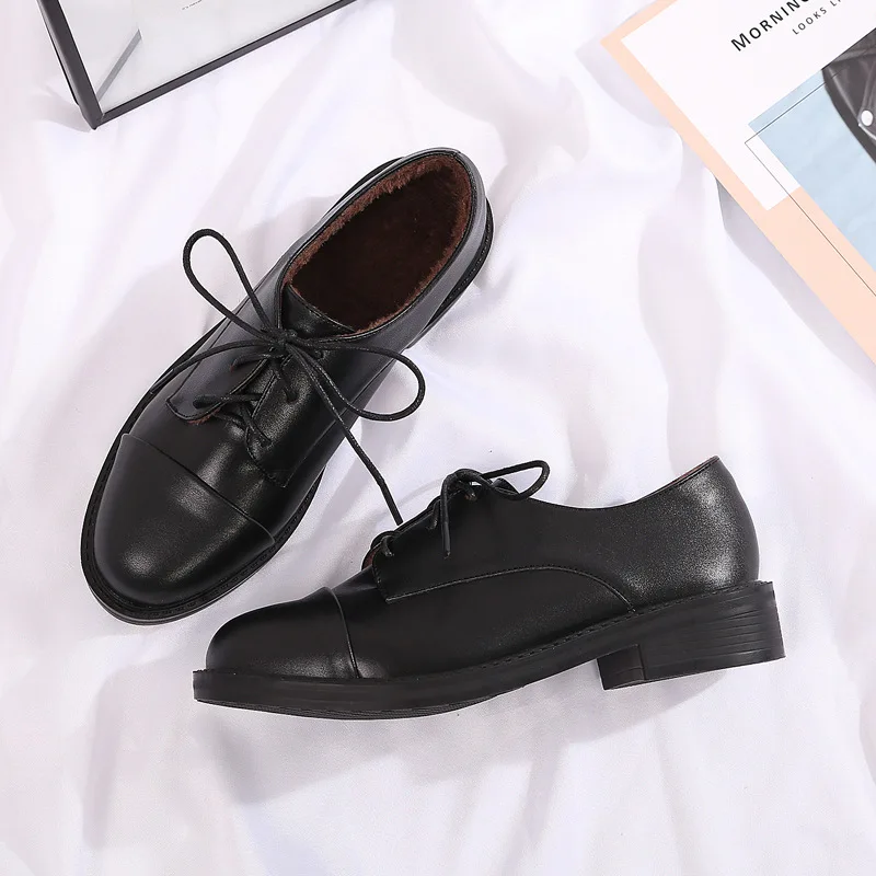 Оксфорды на шнуровке в британском стиле женские плюшевые меховые криперы зимние