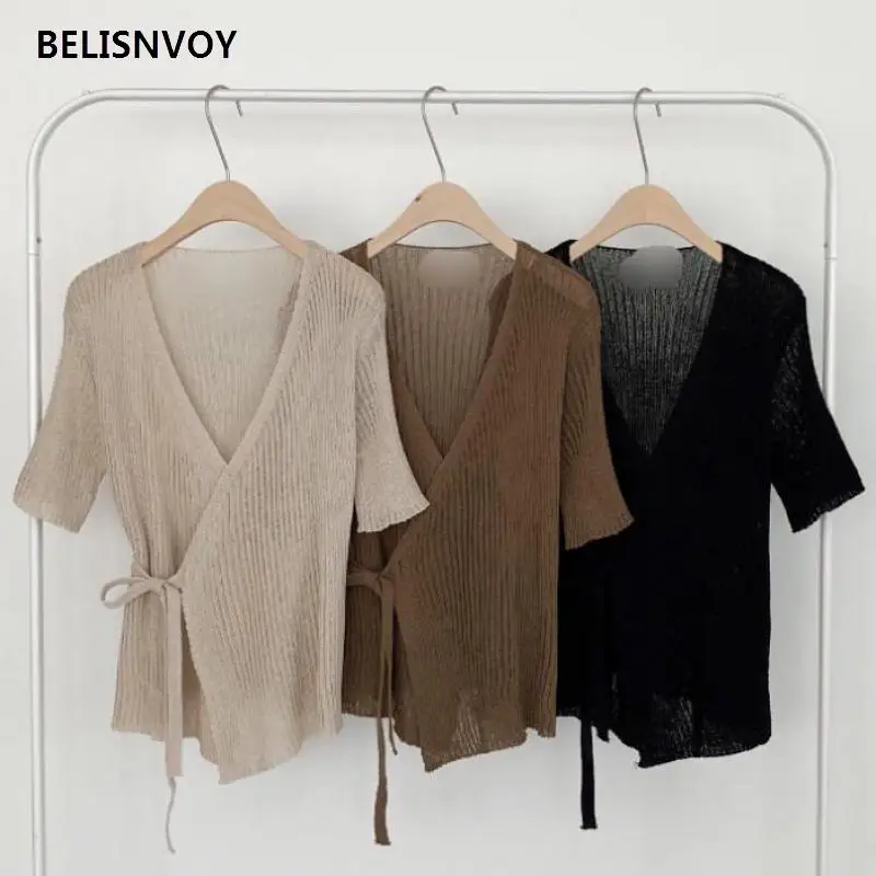 

2021 Women Spring Summer Knitted Shirt Elasticity Bottoming Basic V-Neck Sexy Tops Lace Up Korean Style Elegant Lady Wild Tops