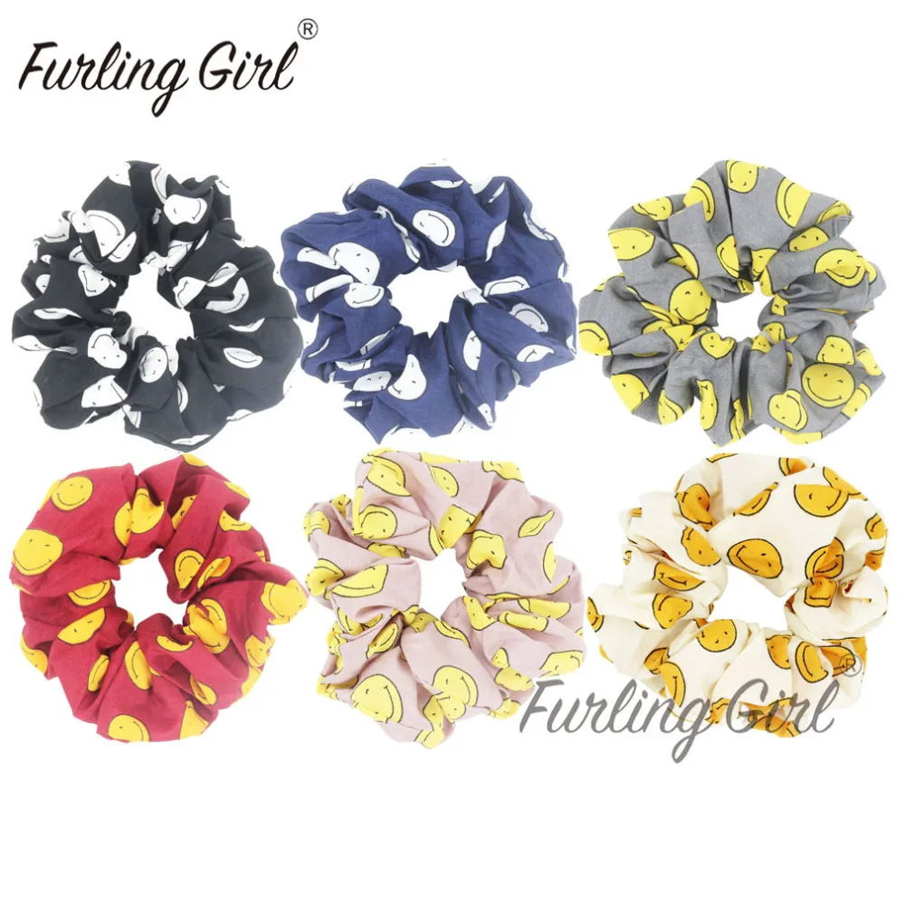 

Furling Girl 1PC Smile Face Printing Fabric Hair Scrunchies Ponytail Holder Hair ties Gum Elastic Hair Bands