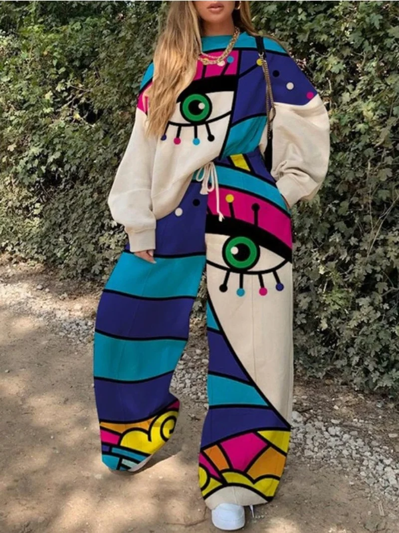 

Women Sets Autumn 2021 New Casual Round Neck Loose Print Women's Sweatshirts Set Fashion Two Piece Sets for Women Donsignet