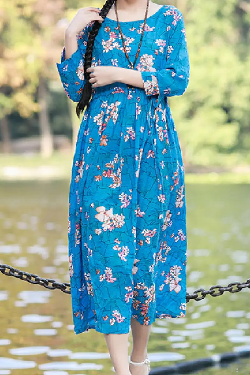 

COIGARSAM Cotton Linen Women Long dress New Spring Summer Print Loose Belt High Waist Dresses Blue 2597