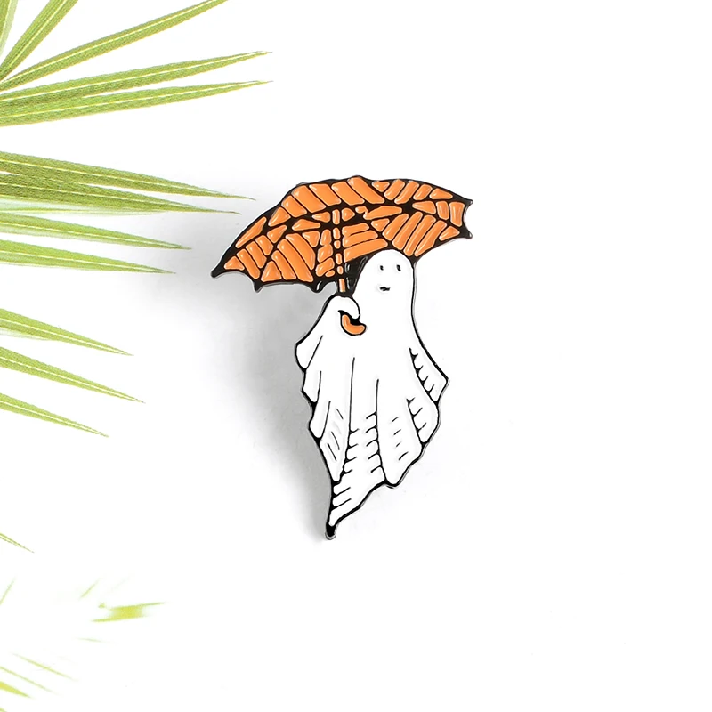 Эмалированная булавка в виде белого Призрака и оранжевого зонта значок на