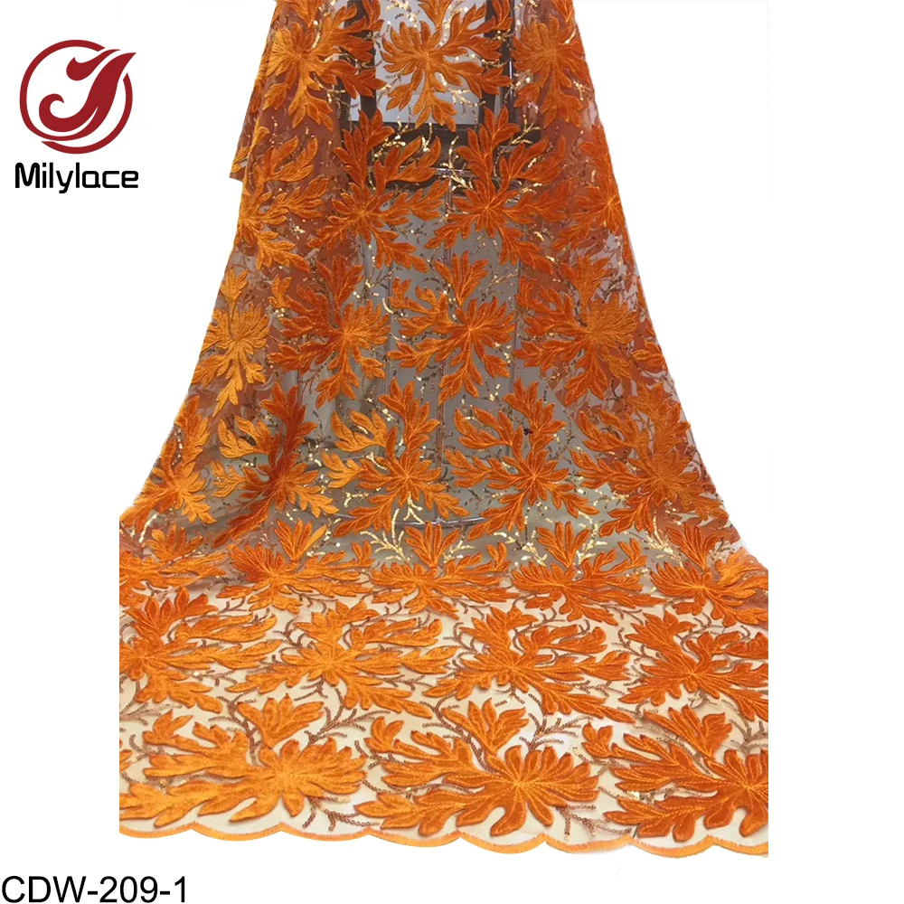 

Orange Velvet Lace Fabric High Quality African French Net Lace Fabric 5yards Nigerian Tulle Sequins Lace for Wedding CDW-209