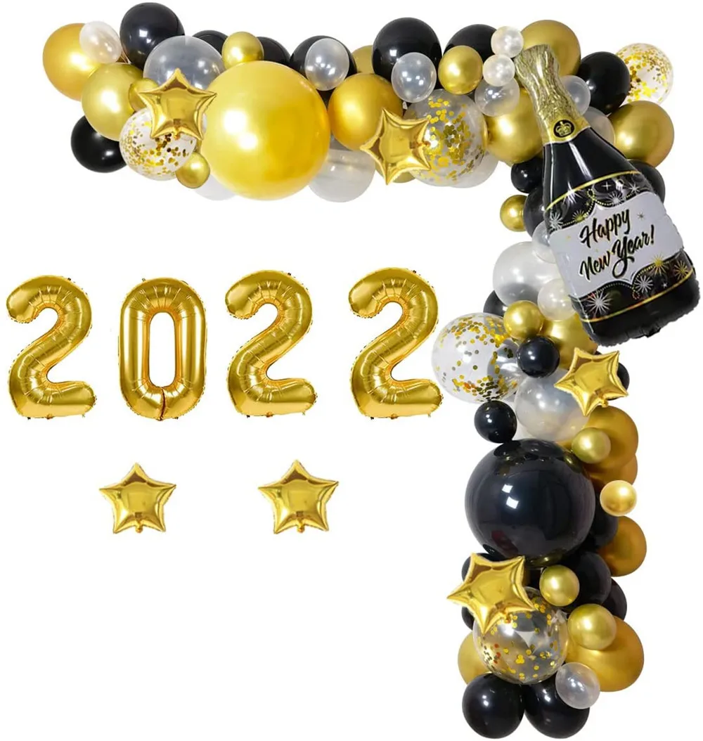 

2022 New Year's Eve Party Decoration Black Gold Balloon Set with Wine Bottle Star Balloons for New Year and Graduation Party