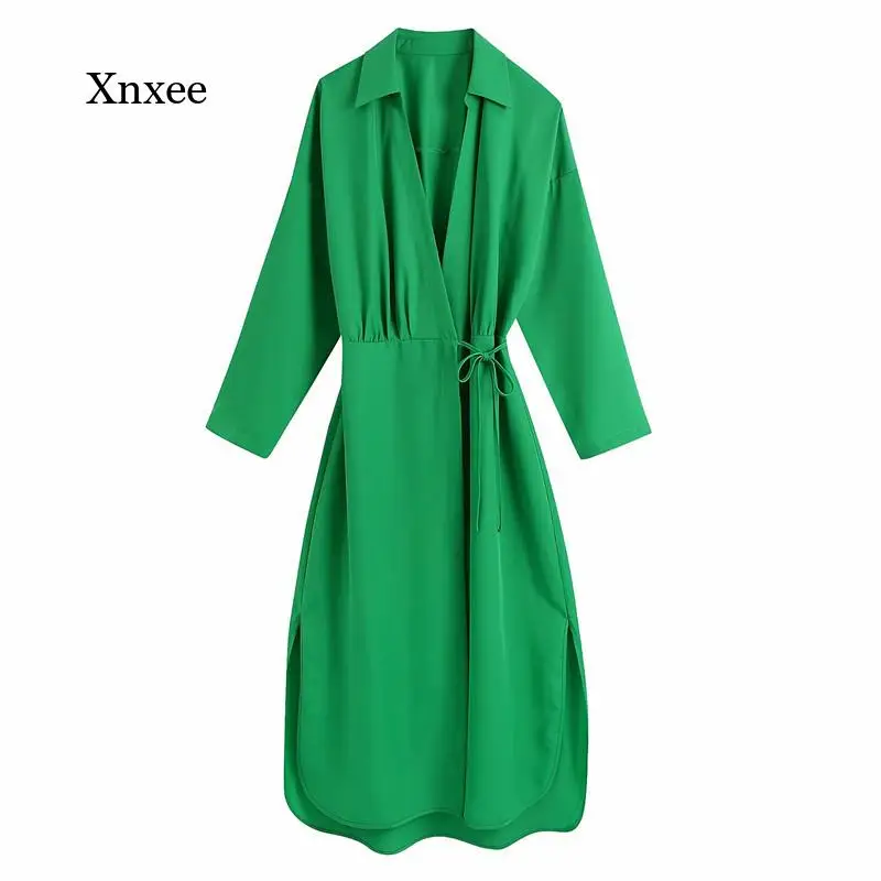 

Платье-миди женское с отложным воротником, модное Зеленое Длинное шикарное повседневное кимоно с перекрестными шнуровками, с длинным рукав...