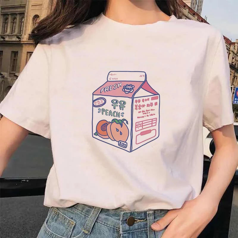 Kawaii персиковая Футболка Harajuku Женская Ullzang Peachy маленькая Свежая футболка