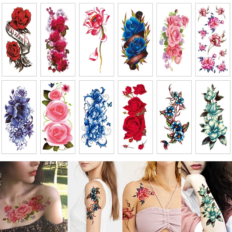 

12 Sheets Sexy Rose Lotus Plum Blossom Flower Waterproof Temporary Tattoo Sticker Body Art Arm Collarbone Leg Chest Fake Tattoo