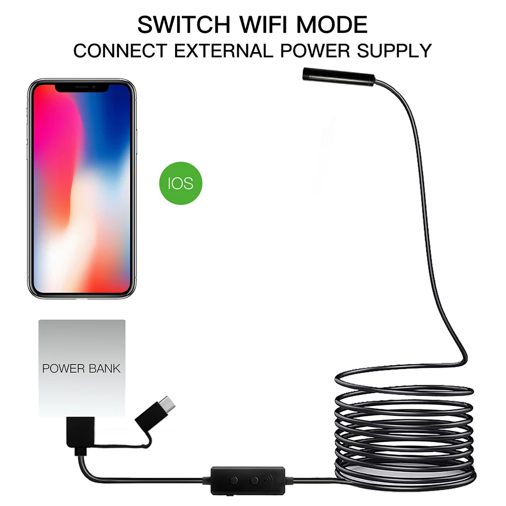 

F160 WiFi Endoscope Camera No battery No charging 8mm Lens HD720P 1M/2M/3.5M/5M Soft Hard Cable wireless inspection borescope