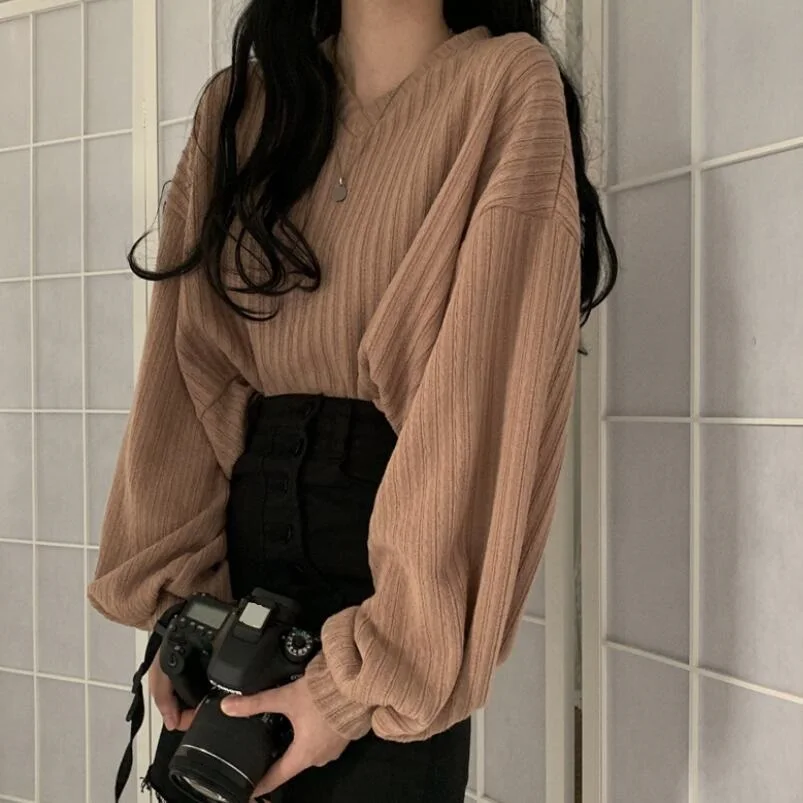2020 Spring Fall Sweater Women Pullover Short Knit Jumper Long Lantern Sleeve V Neck Korean Ladies Female Casual JW9184 | Женская одежда