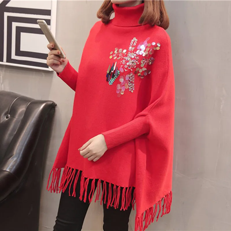 Комбинезоны свитер осень мода бисером деко пуловер для женщин кисточкой Пончо с высоким воротом свитер зимняя свободная теплая одежда