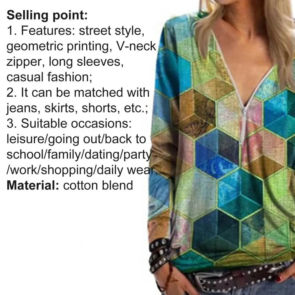 

Women Blouse Summer fashion Long Sleeve Geometric Print Cotton Blend Zipper V Neck T-shirt Pullover for Spring/Summer T-Shirts