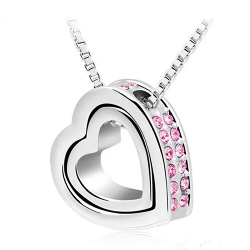 Silver.Pink Новое качество австрийский кристалл АААА+ двойное сердце со стразами кулон свитер цепь ожерелье шарм Женская мода ювелирные изделия - Окраска металла: Silver.Pink