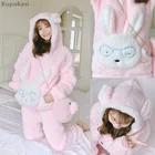 Пижама женская фланелевая, розовая, с кроликами, на осеньзиму