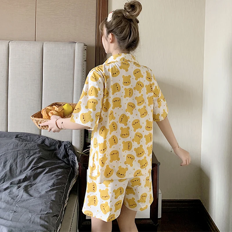 

Women's Pajamas Summer Cotton Short Sleeve Cute Yellow Bear New Trending Hot Spring and Autumn plus Size Homewear Suit