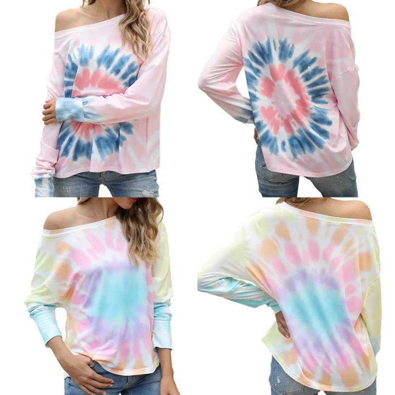 

EFINNY 2021 Summer t-shirt femme Wind-dyed Gradients, First Lead, Shoulder Print Loose T-shir Plus Size Tops Alternative Clothin