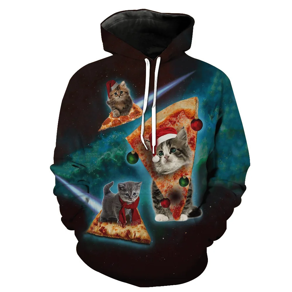

CNUUIKOOEK Sweatshirts Men's 3D Pizza Cat Printed Hooded Pocket Pullover Hoody Fashion Hooded Men's Hoodies