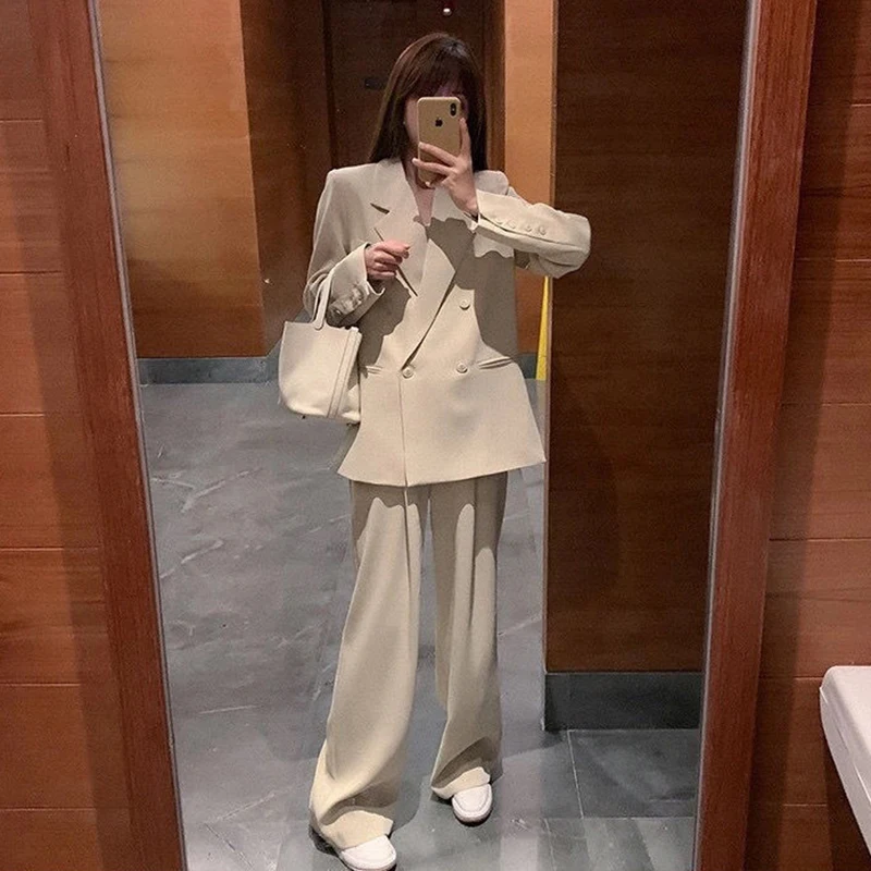 

Hstar Women Spring Notched Double Breasted Blazers+High Waist Wide Leg Straight Pants 2 Pieces Sets Office Lady Outfits Suits