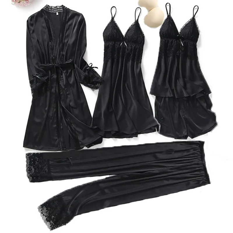 

Sleepwear 5PCS Robe Set Women Satin Nightwear Casual Bridal Kimono Bathrobe Loose V-Neck Nightgown Sexy Lace Intimate Lingerie