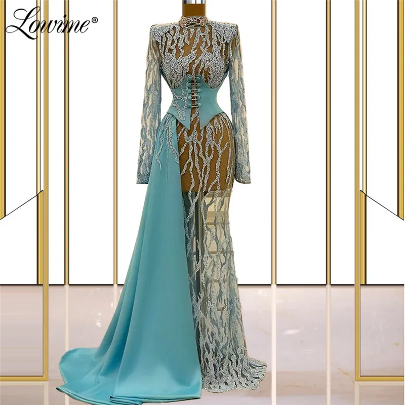

Dubai Design Heavy Beading Long Sleeves Evening Dresses 2021 Mermaid Arabic Illusion Party Gowns Prom Dress Robes De Soirée