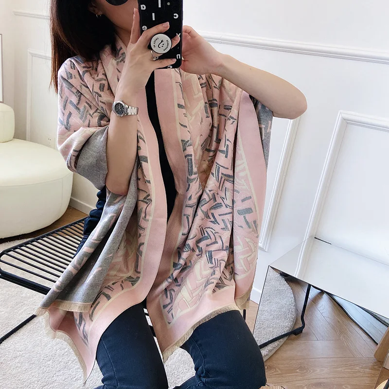 

Осень/Зима 2021 теплый кашемировый шарф женский Универсальный двойного назначения утолщенный нагрудник шаль с геометрическим узором и бриллиантами