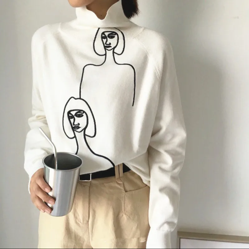 

2021 autumn and winter new turtleneck sweater loose portrait embroidery white sweater women long-sleeved sweater