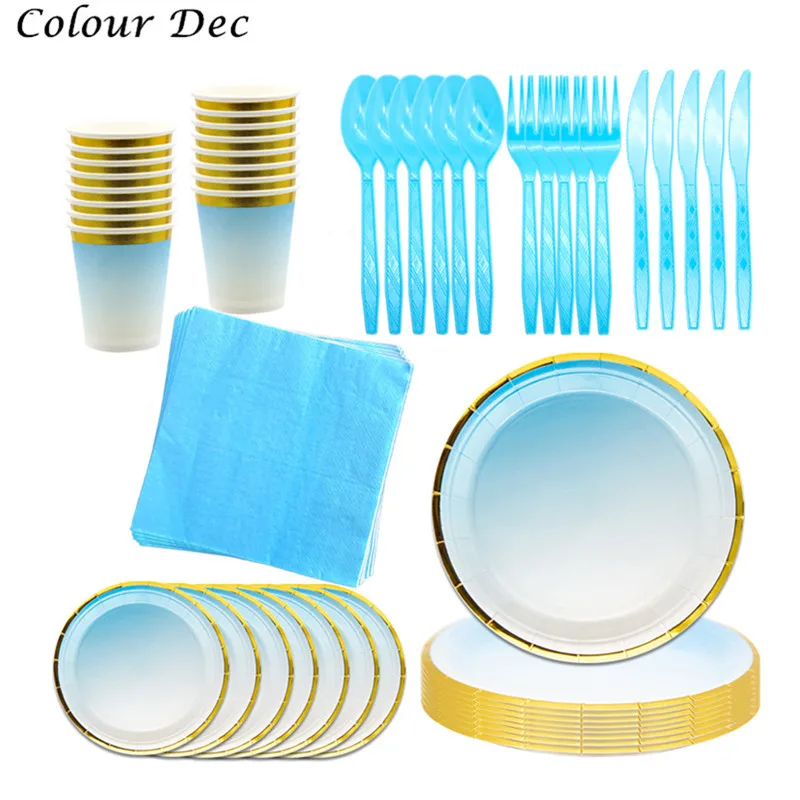2020 новый синий градиент Цвет золото Фольга одноразовая посуда бумажный