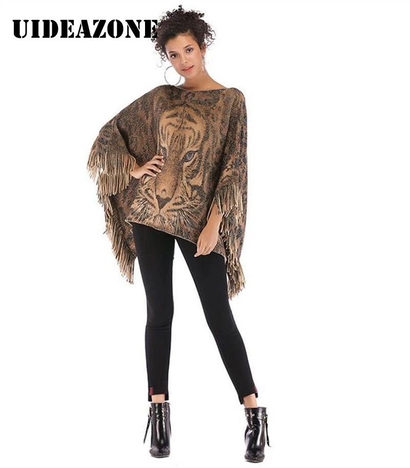 Тигровая голова кисточки Плащ шаль пуловер одно слово шеи Вязание свободное