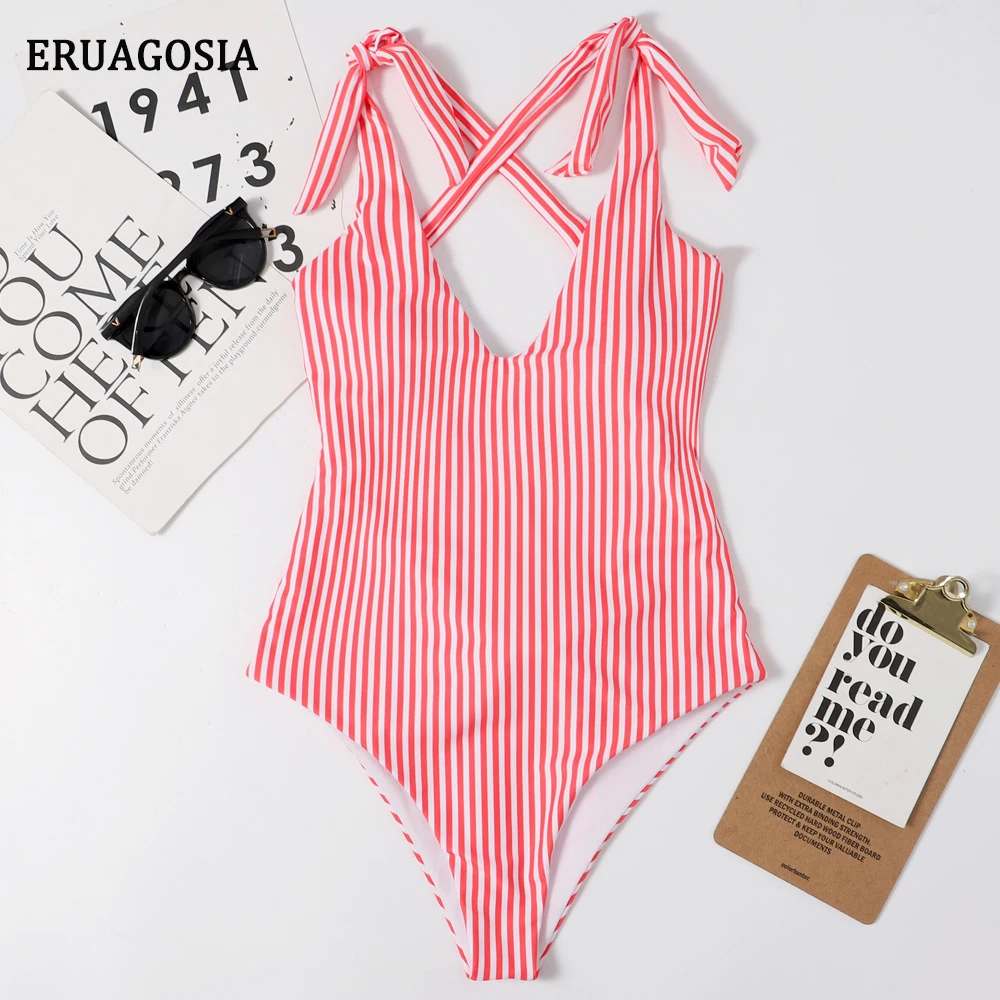 

One Piece Swimsuit 2021 New Cute Bow Swimwear Women V Neck Bathing Suit Back Cross Striped Monokini Swim Suit
