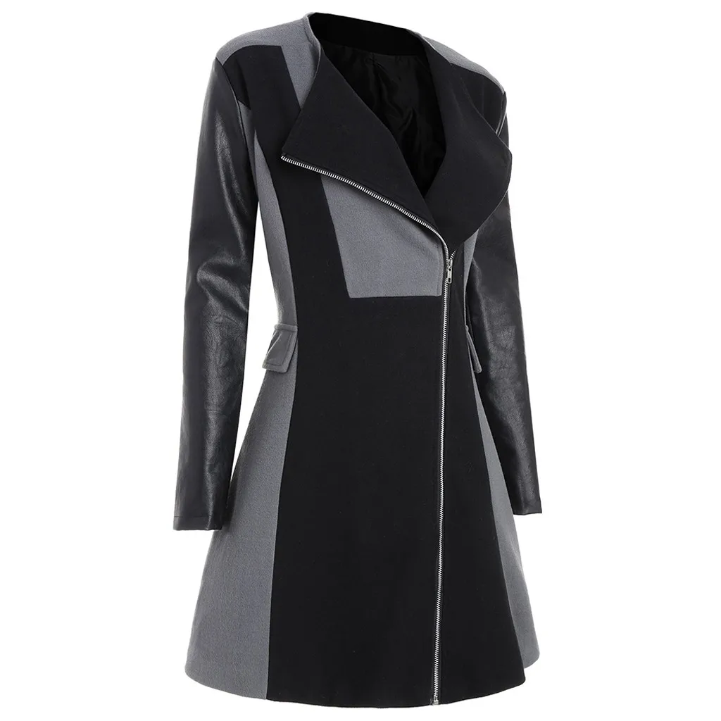 

2019 Winter New Fashion Slim Women Warm Woolen Leather Patchwork Long Coat Jacket Overcoat Outweart Z108